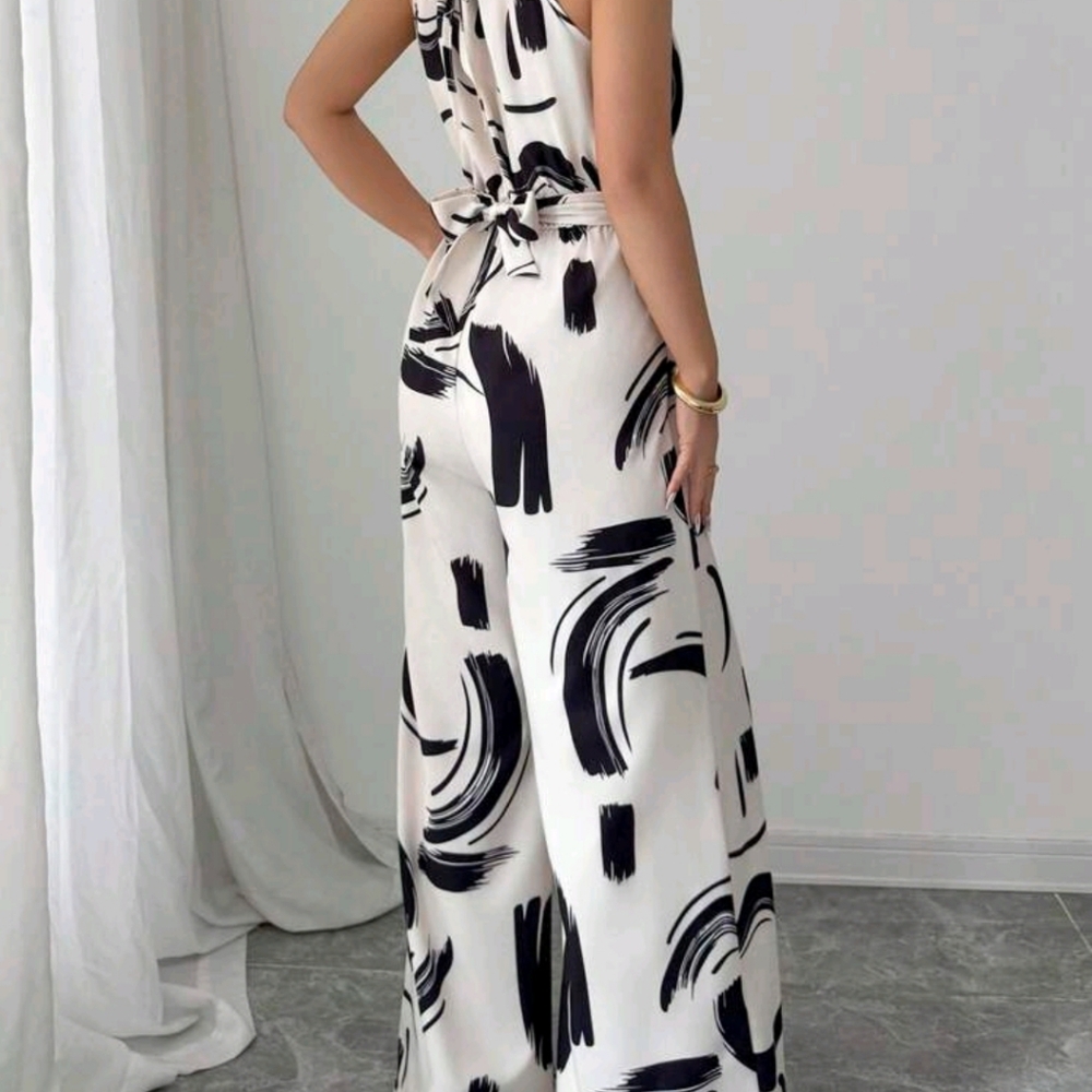 Women's Printed Fabric Waist Tie Jumpsuit, Elegant For Holiday And Every - Picture 3 of 6